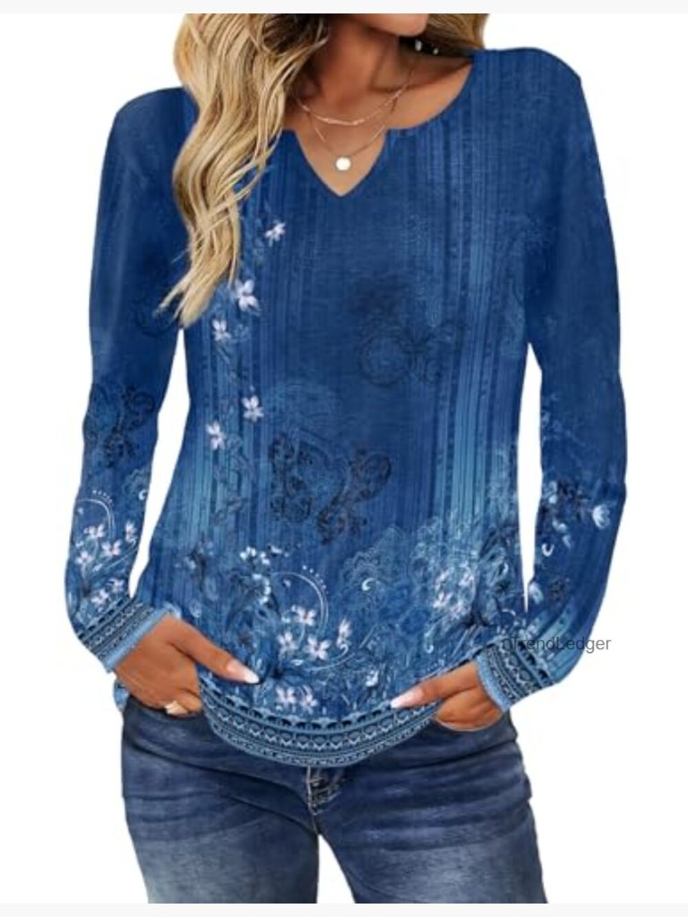 Long Sleeve V-Neck Tunic Top, Polyester Spandex Blend, Boho Casual Dressy - Picture 4 of 7